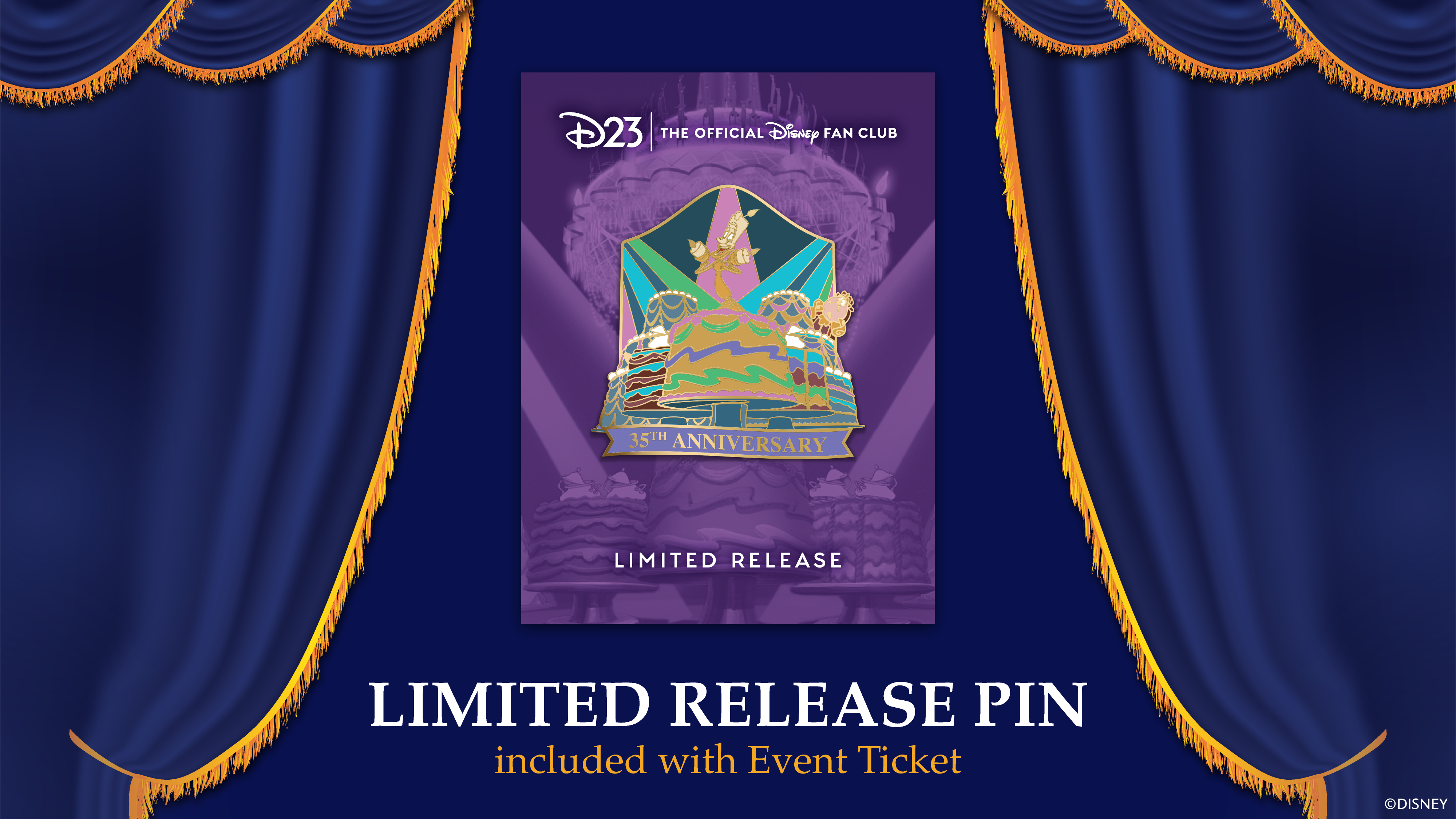 D23 Beauty and the Beast 35th Anniversary Screening pin graphic for the October 3 event in Orlando