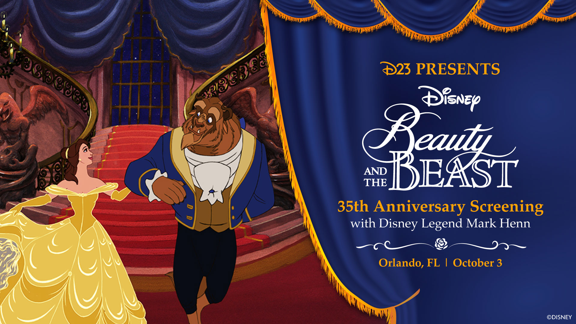 D23 graphic for the Beauty and the Beast 35th Anniversary Screening with Mark Henn in Orlando on October 3, 2026