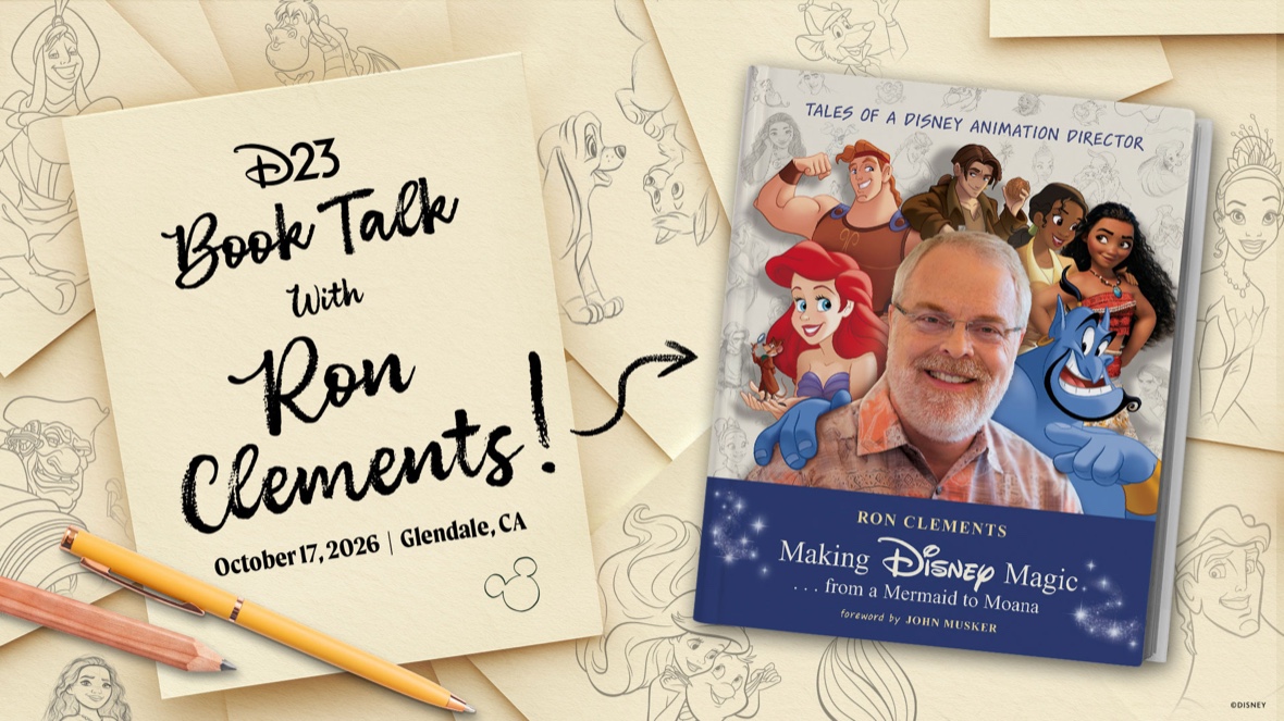 D23 graphic for the October 17, 2026 Ron Clements book talk in Glendale