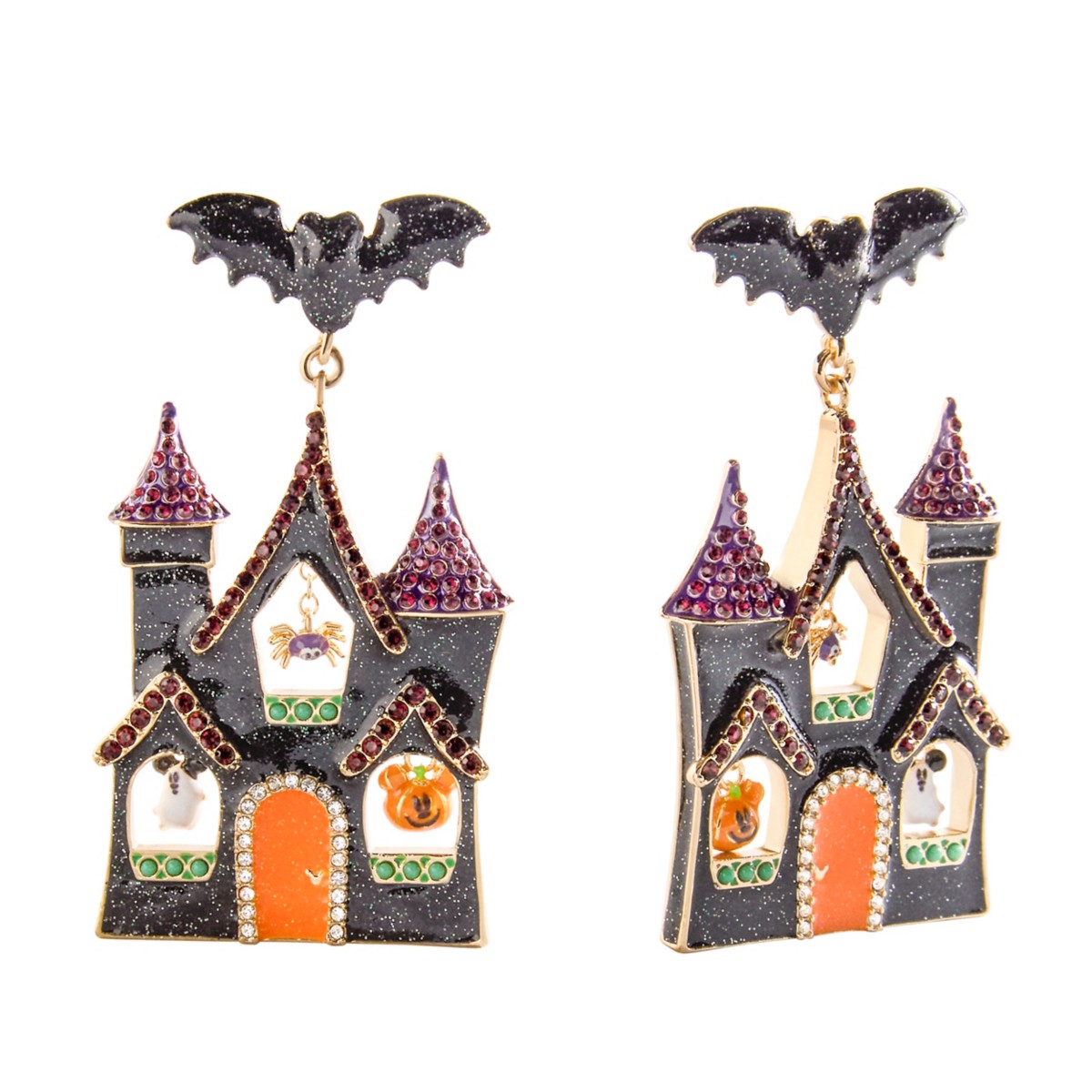 Mickey Mouse Ghost Haunted House Earrings by BaubleBar with bat posts and colorful haunted-house details