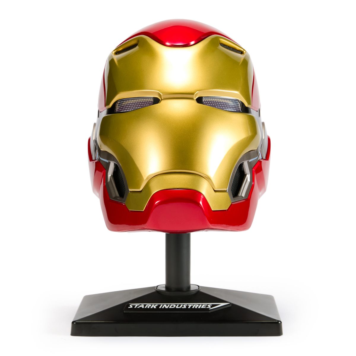 Iron Man Mark LXXX electronic helmet on a Stark Industries display stand