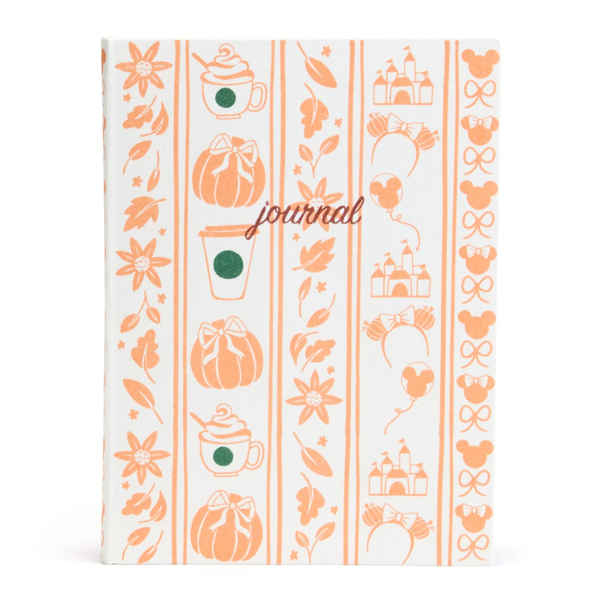 Mickey and Minnie Mouse Pumpkin Spice Latte Starbucks journal with orange pumpkins, coffee cups and castle artwork