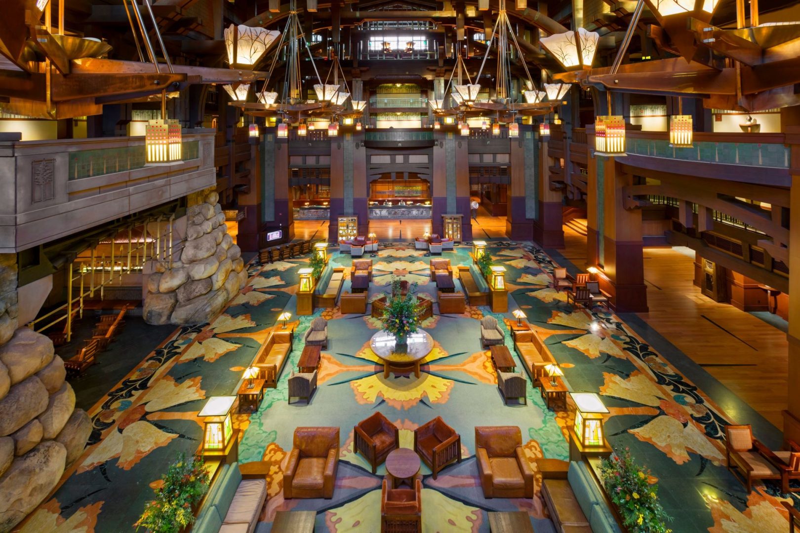 Grand Californian Hotel lobby with Craftsman-style wood, lighting and seating