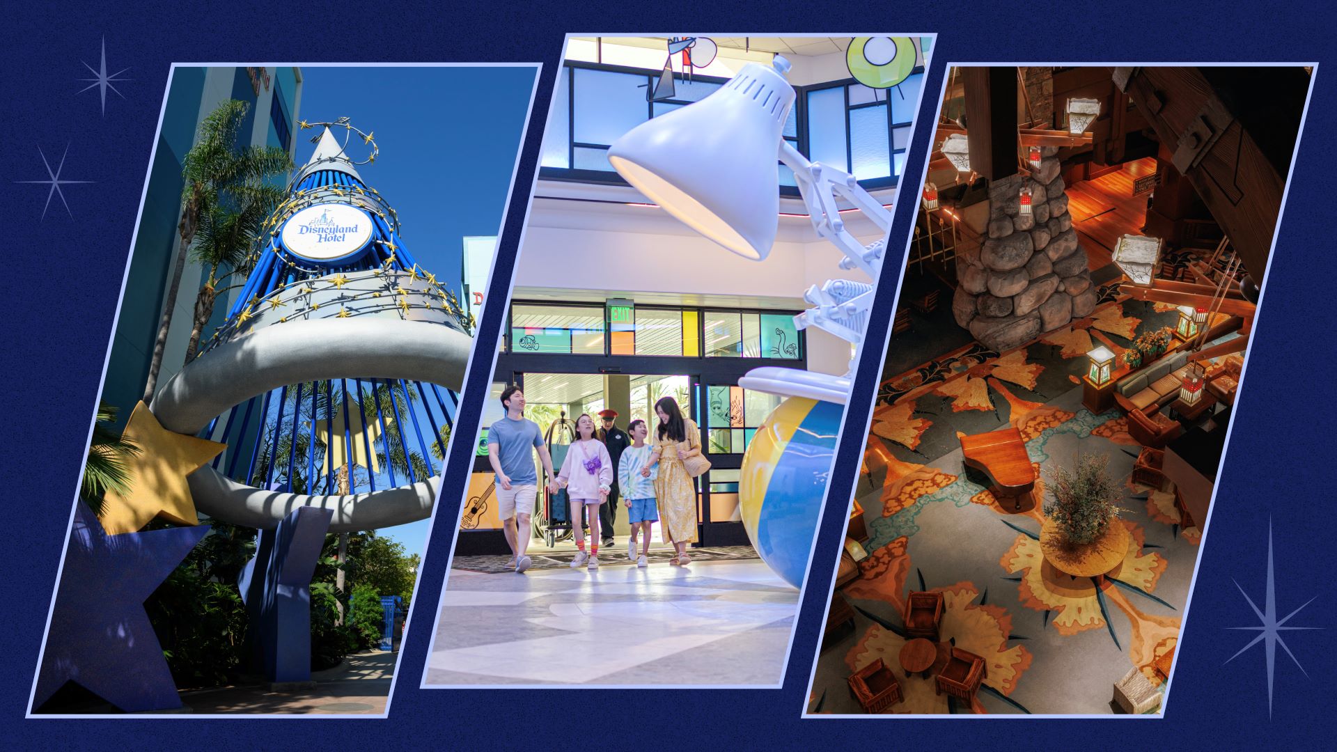 Disneyland Hotel entrance, Pixar Place Hotel pool deck and Grand Californian Hotel lobby collage