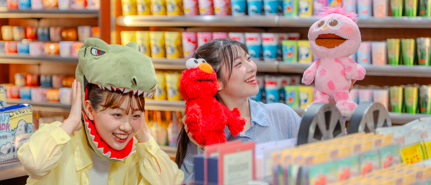 Guests and character merchandise inside a Universal Studios Japan shop