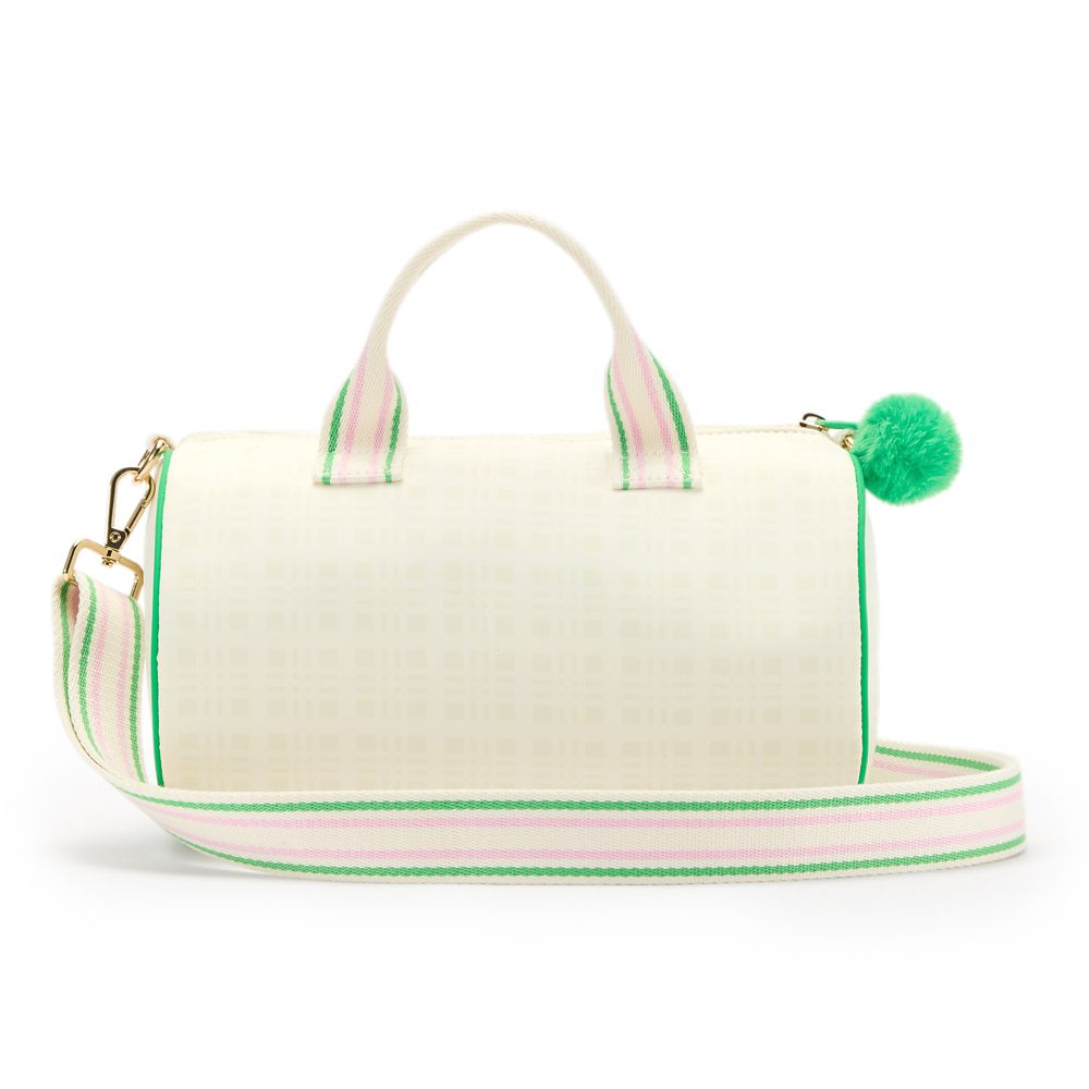 Back of Alice in Wonderland crossbody bag with striped strap and green pom-pom