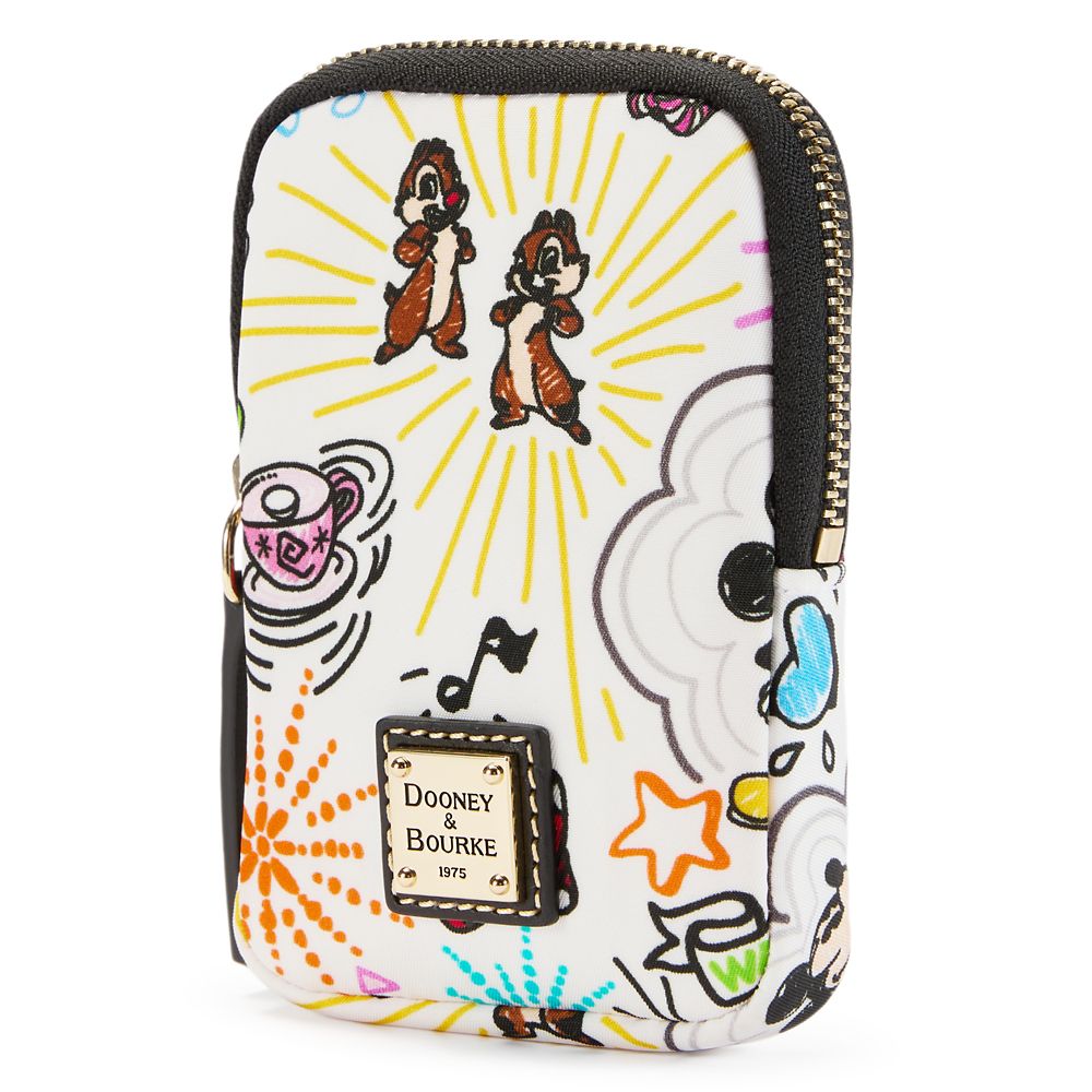 Angled view of the Disney Sketch Dooney and Bourke pouch bag and zipper