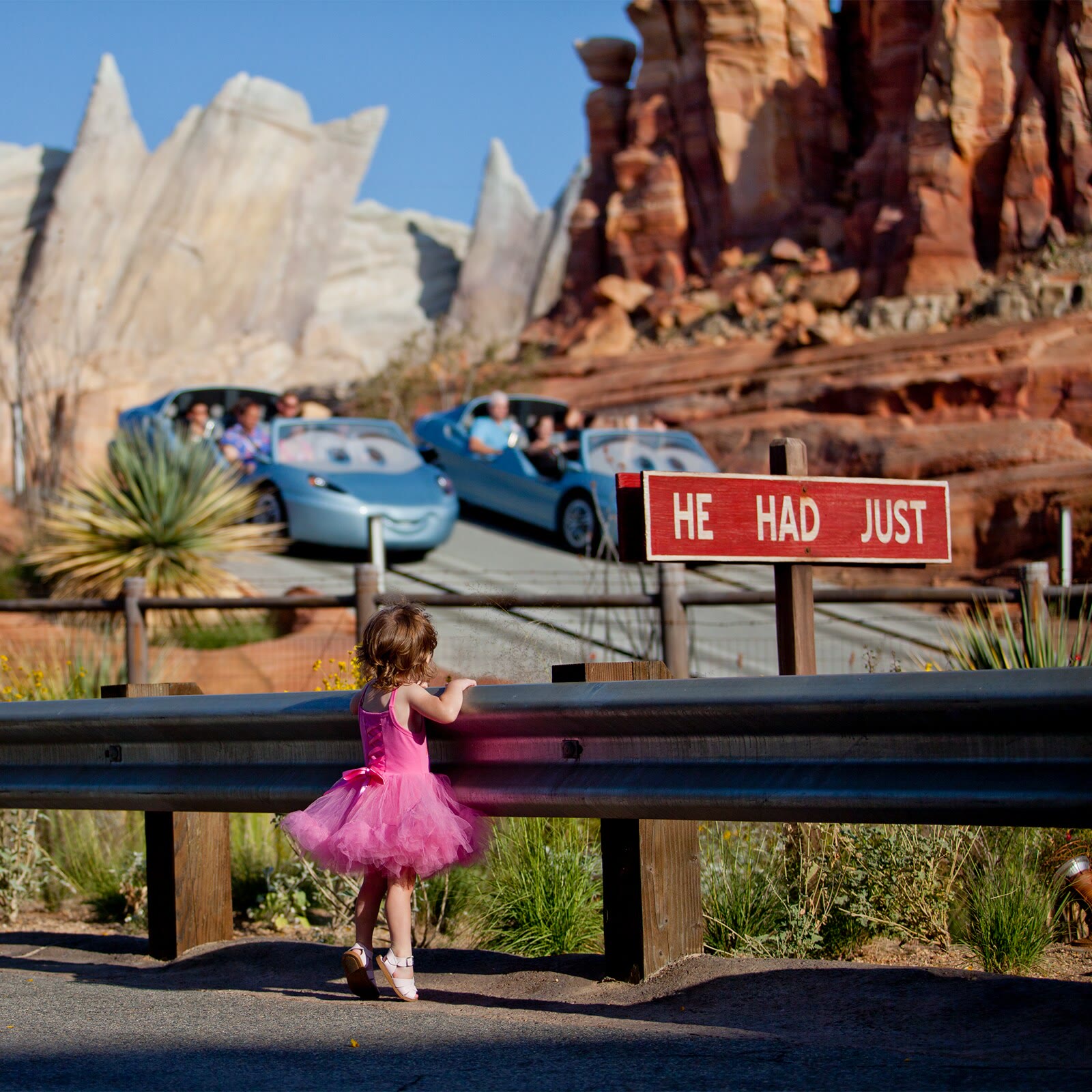 A child watches Radiator Springs Racers vehicles pass through Cars Land