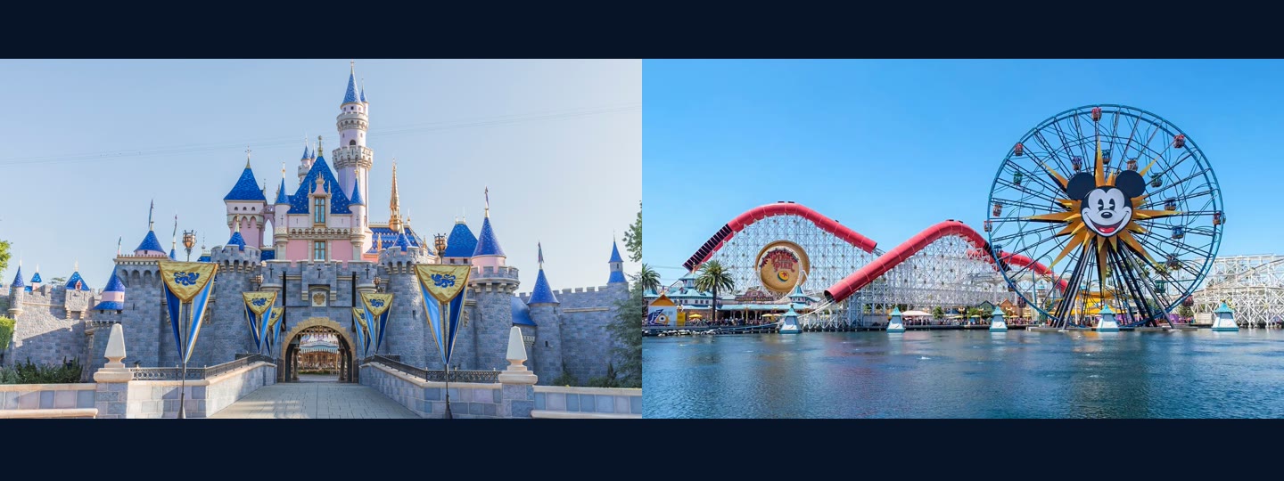 Sleeping Beauty Castle at Disneyland Park beside Pixar Pier at Disney California Adventure