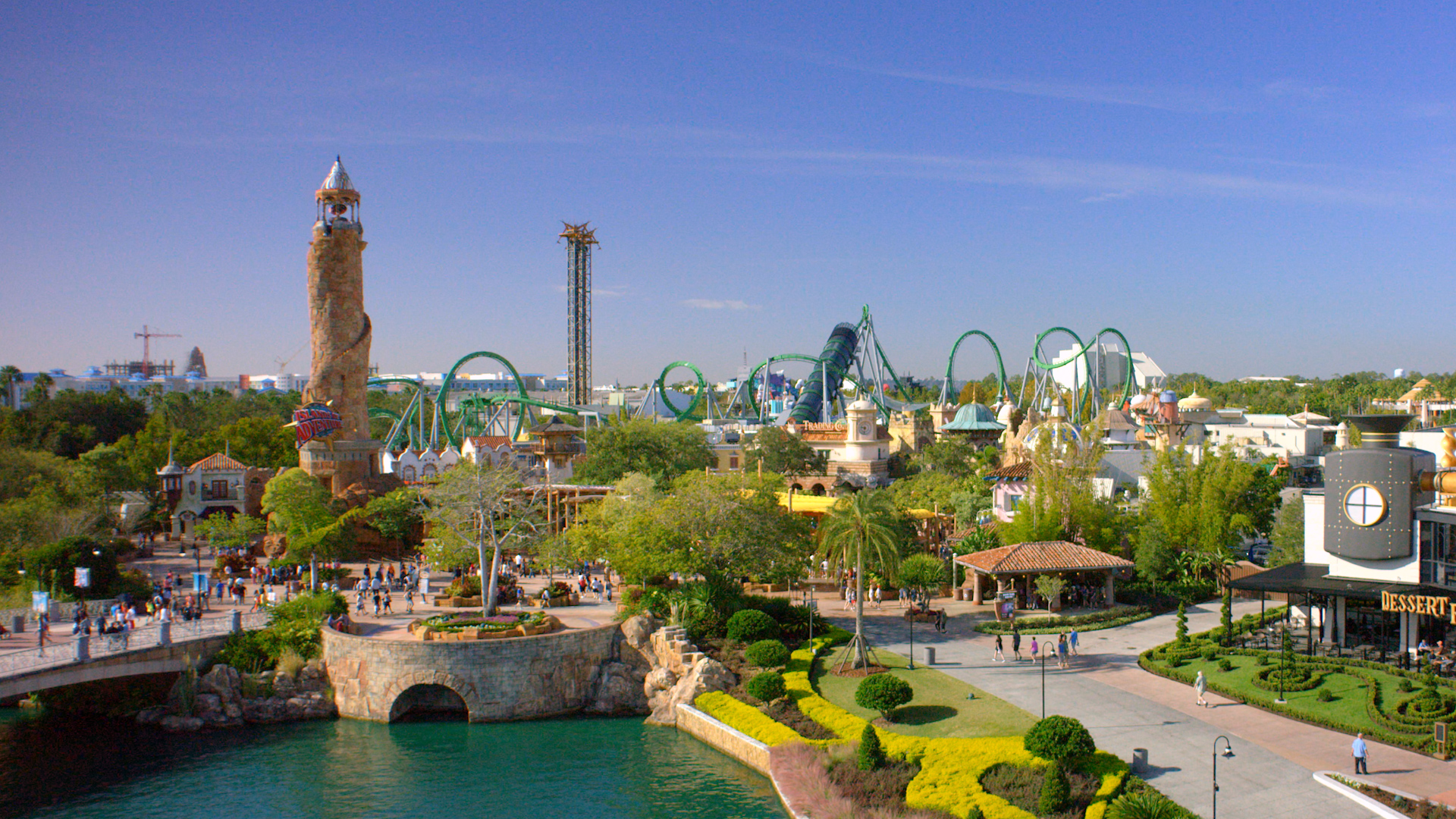 Universal Islands of Adventure viewed across its central lagoon