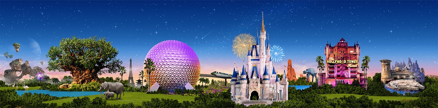 A four-park Walt Disney World panorama featuring Animal Kingdom, EPCOT, Magic Kingdom, and Hollywood Studios landmarks