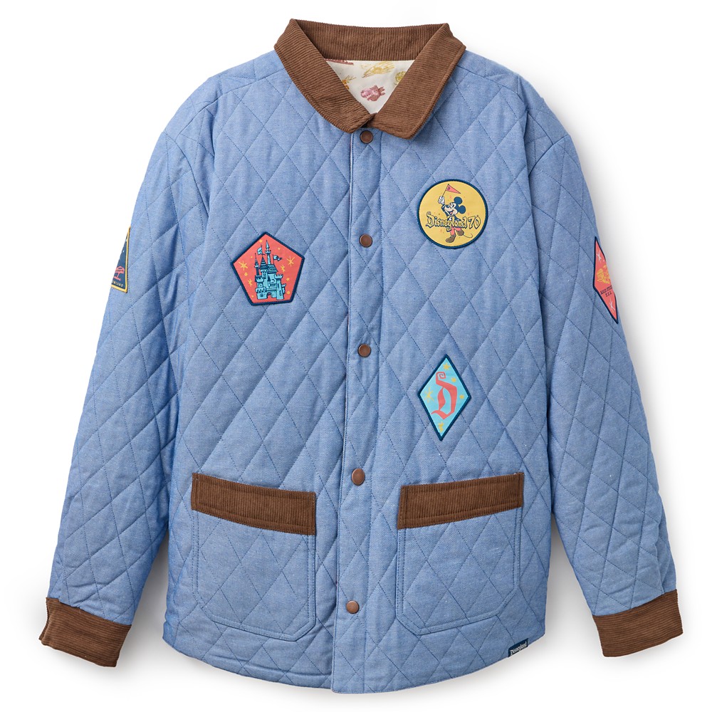 Blue Disneyland 70th Anniversary reversible patch jacket with colorful patches