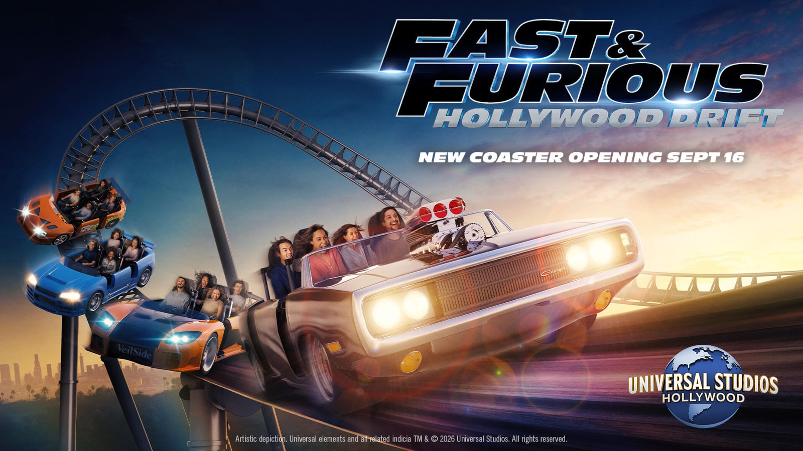 Fast & Furious: Hollywood Drift coaster cars race along an elevated track at sunset