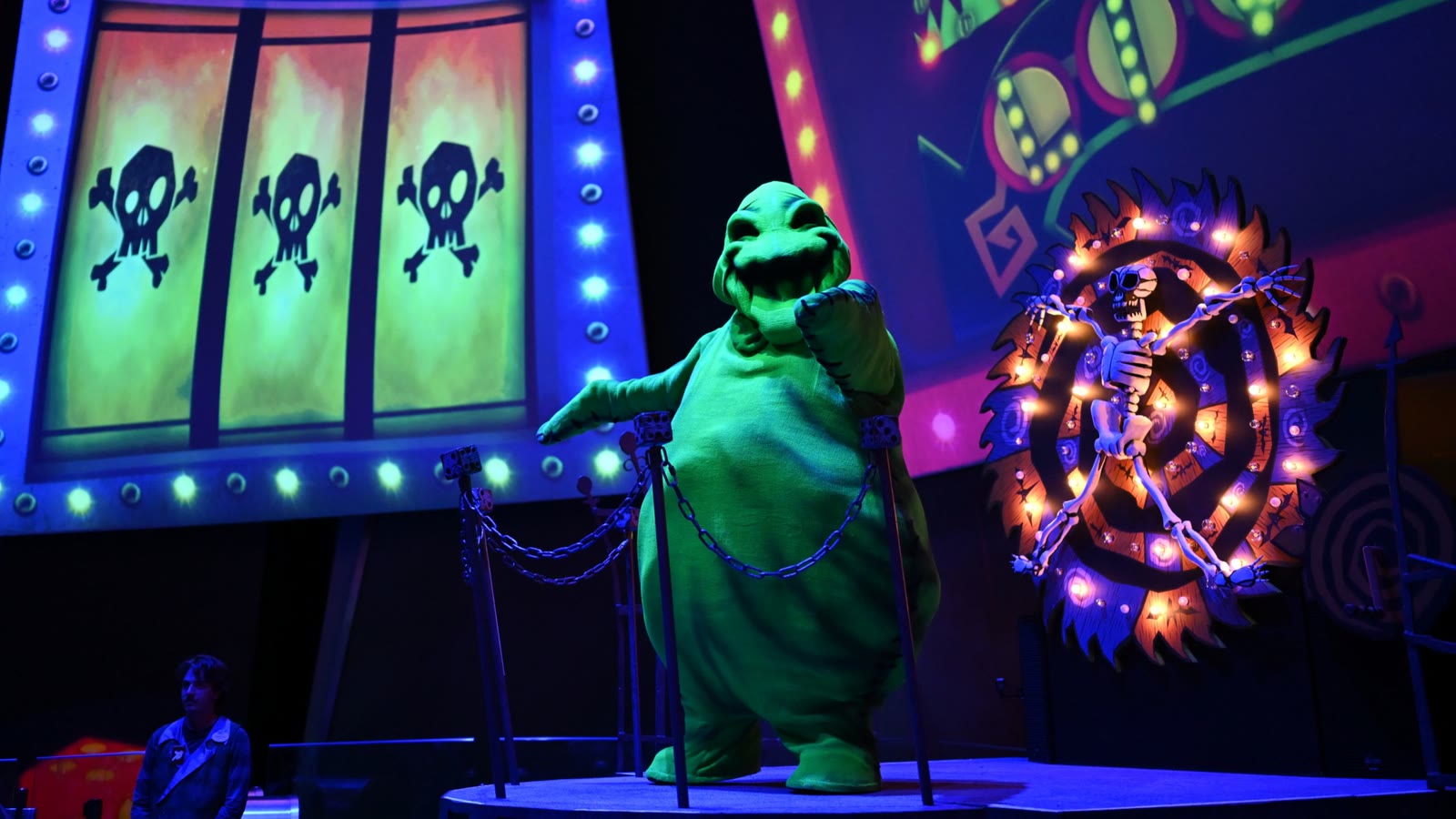 Oogie Boogie Bash scene with Oogie Boogie and Halloween decorations at Disney California Adventure