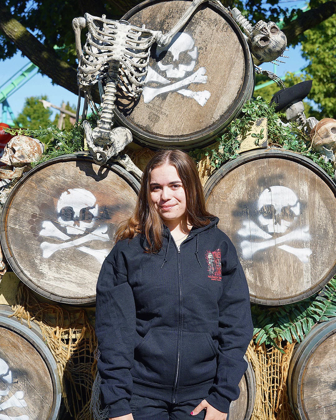 Dorney Park Halloween Haunt skull display and hoodie from the 2027 pass offer
