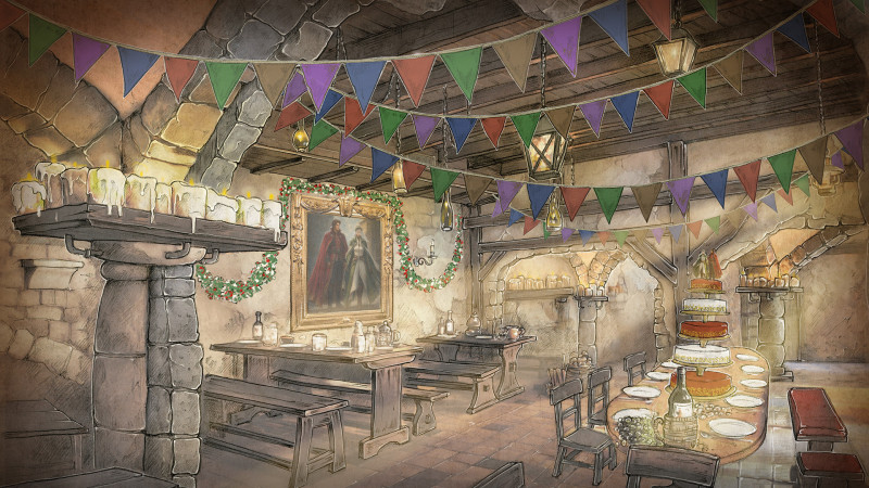 Concept art of the renewed De Verslaeghen Draek Inn in Efteling's Raveleijn area