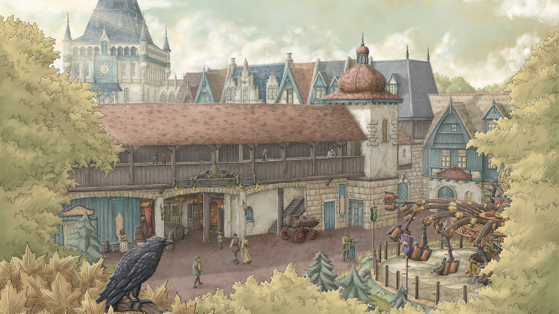 Concept art of Efteling's renovated Raveleijn area with Ravenring beside the city walls