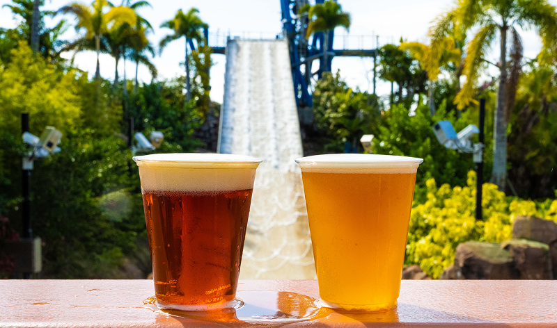 Guests holding beer near Infinity Falls at SeaWorld Orlando