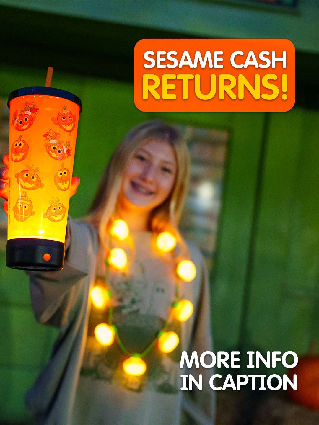 Sesame Place Sesame Cash September reward graphic with a seasonal light-up cup
