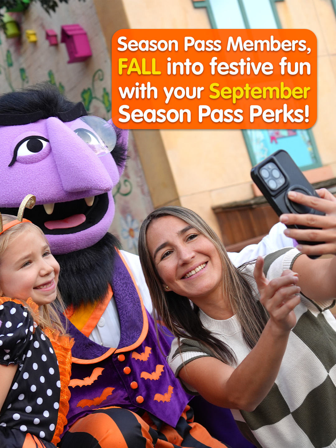 Sesame Place September Season Pass Perks with Count von Count and a family