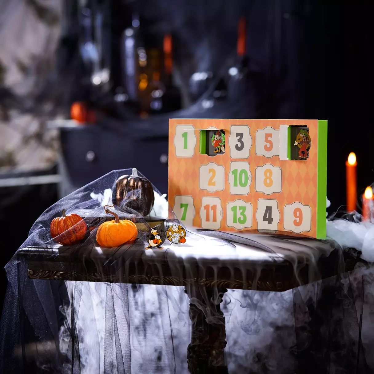 Open Mickey and Friends Halloween countdown calendar with mystery pin compartments