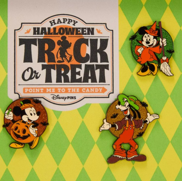 Close view of costumed character pins in the Halloween countdown set