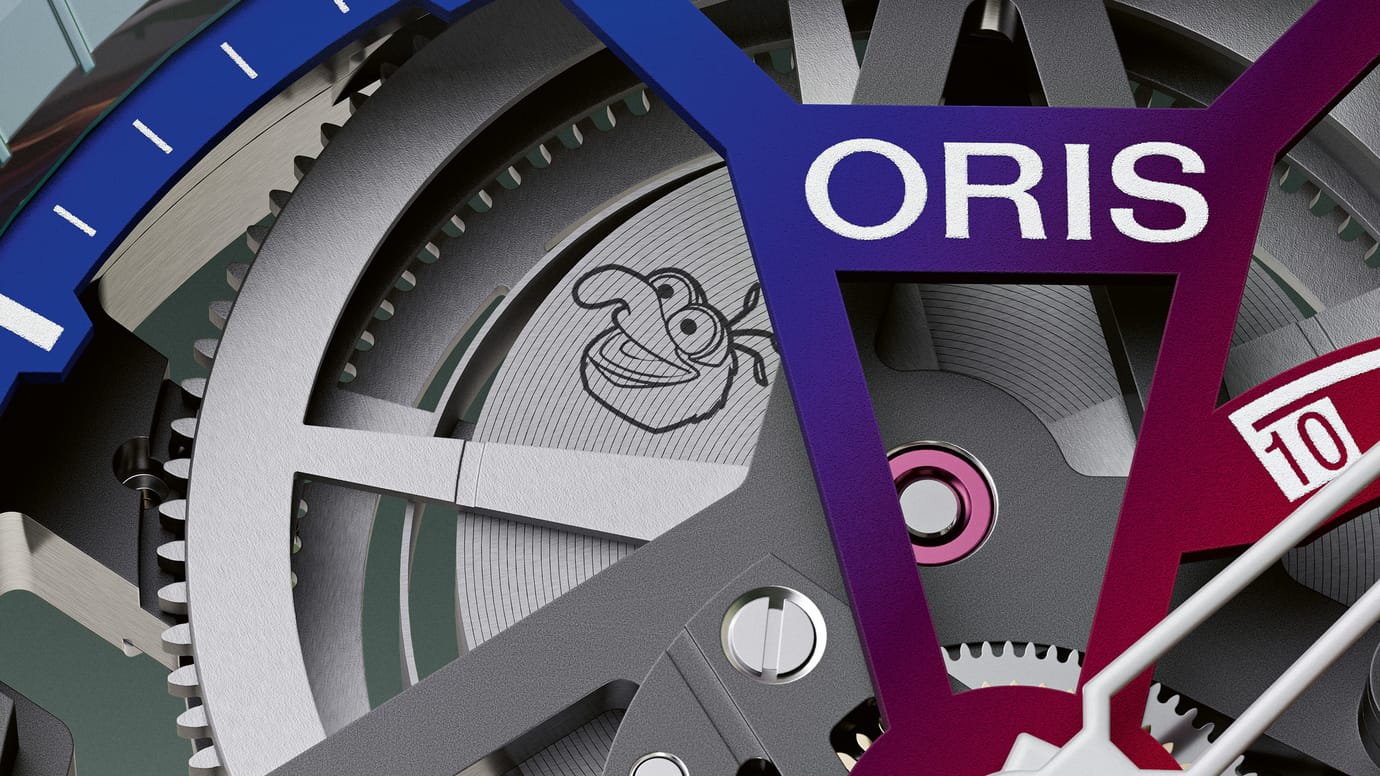 Close-up of the Oris ProPilot X Gonzo Edition movement with Gonzo's face etched on the mainspring