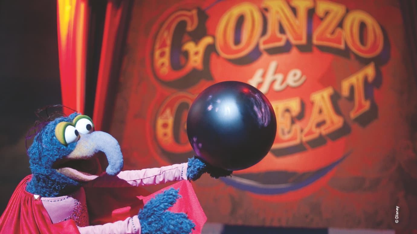 Gonzo from The Muppets holding a black cannonball beside the Oris ProPilot X Gonzo Edition watch