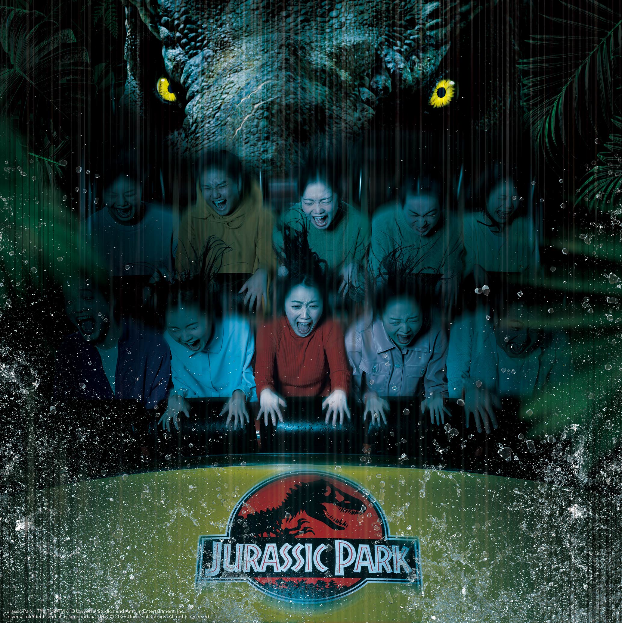 Jurassic Park - The Ride riders surrounded by water beneath a dinosaur at Universal Studios Japan