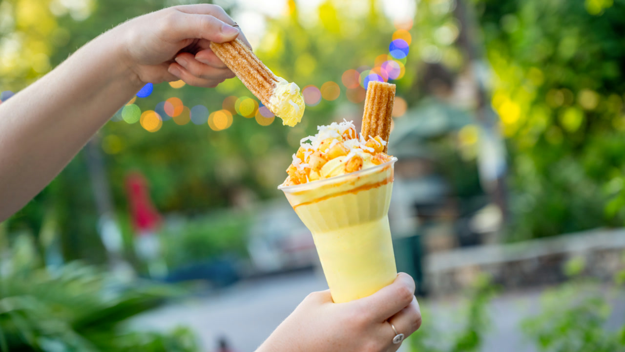 Dole Whip pineapple with chili-lime and a churro sundae at Walt Disney World