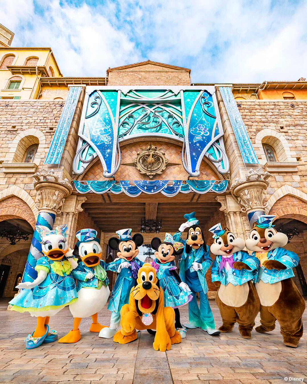 Disney characters in 25th anniversary costumes at Tokyo DisneySea