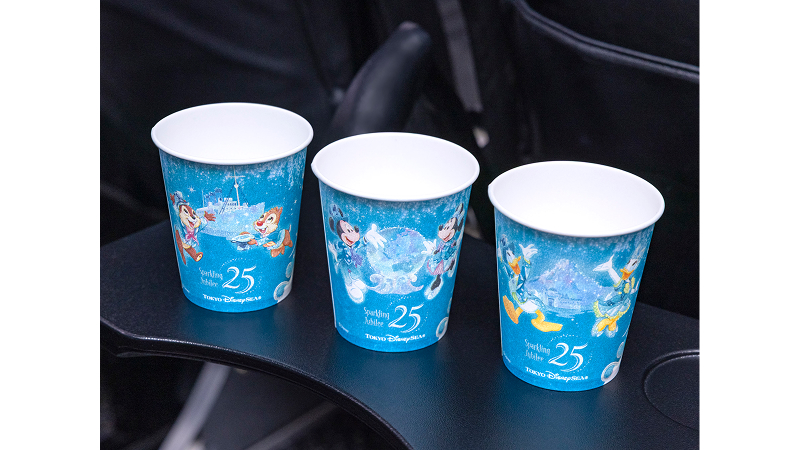Tokyo DisneySea 25th anniversary paper cups on a JAL flight