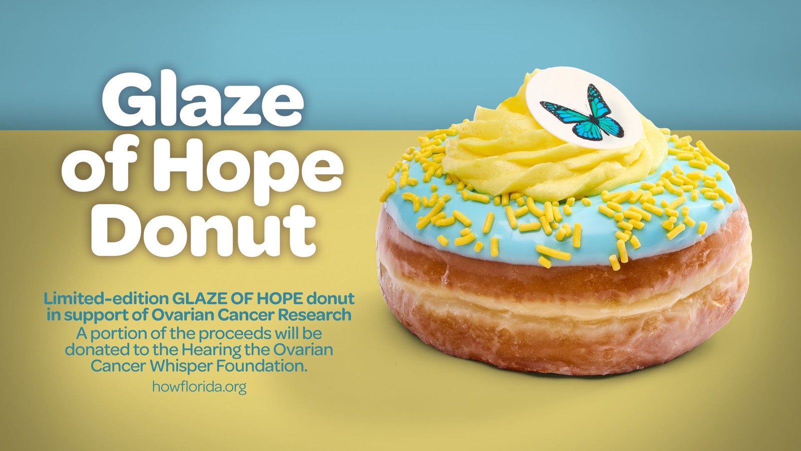 Everglazed Glaze of Hope Donut with teal icing, yellow sprinkles and a butterfly decoration in the fundraiser’s promotional image