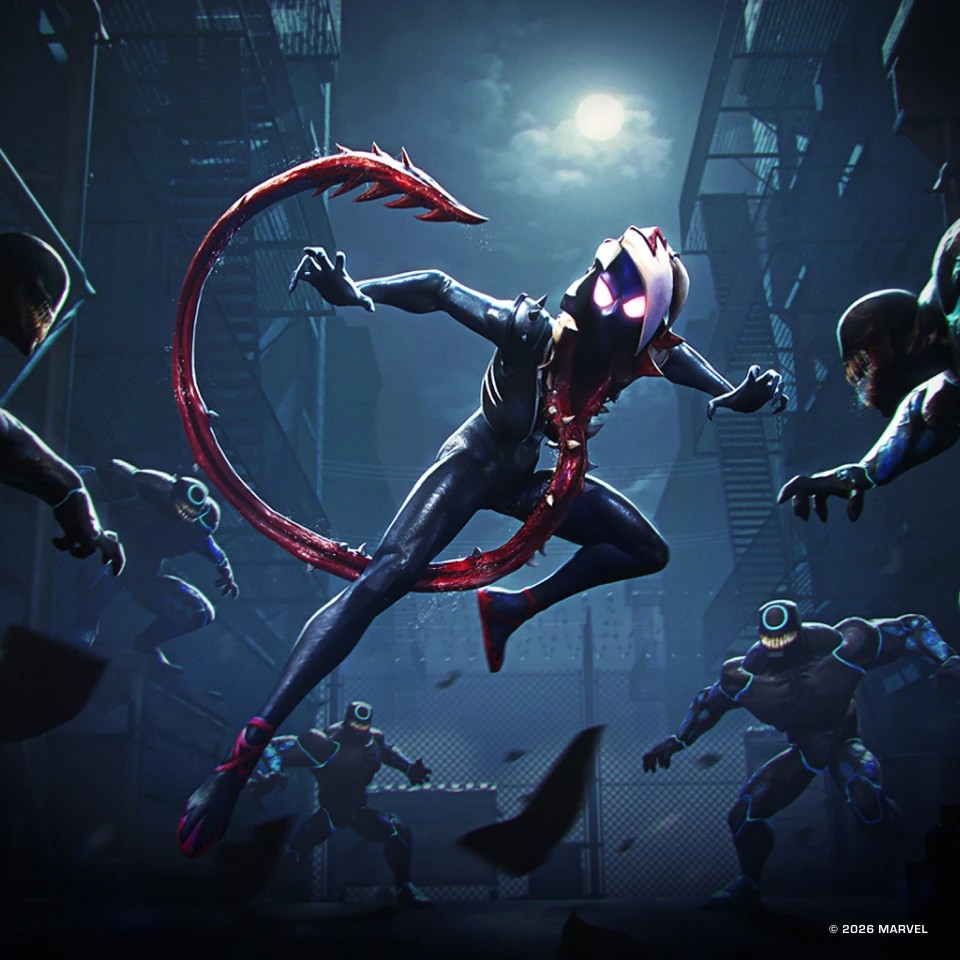Gwenom surrounded by opponents in official v58.1 update artwork