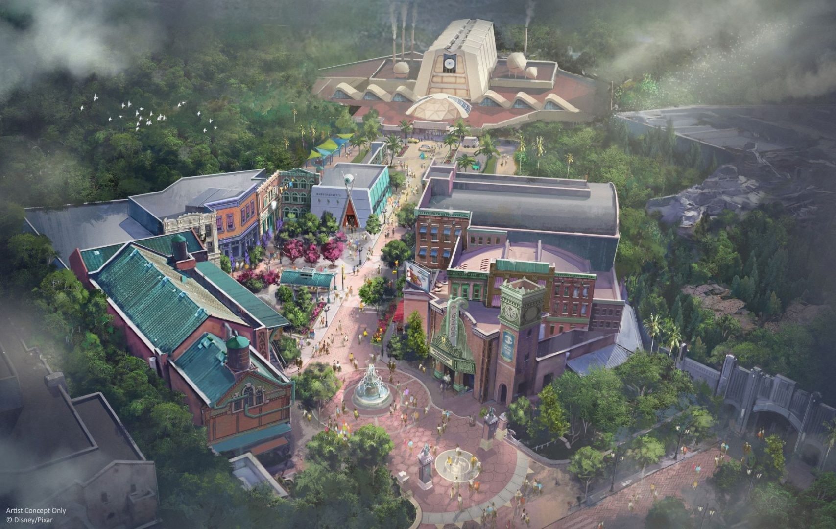 Disney concept art of the planned Monstropolis courtyard fountain, Glob Theater and street layout