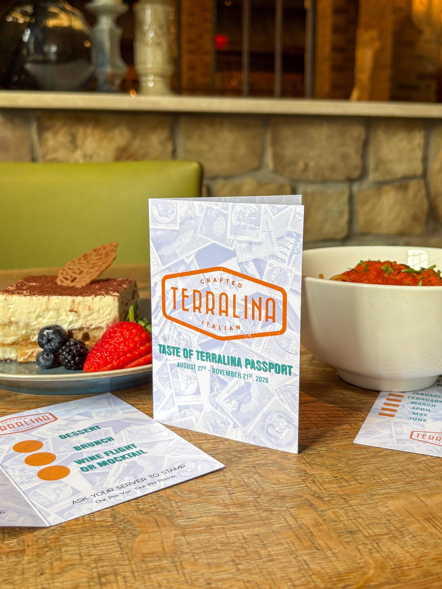 Taste of Terralina passport with dessert and pasta in the restaurant’s official promotion photo