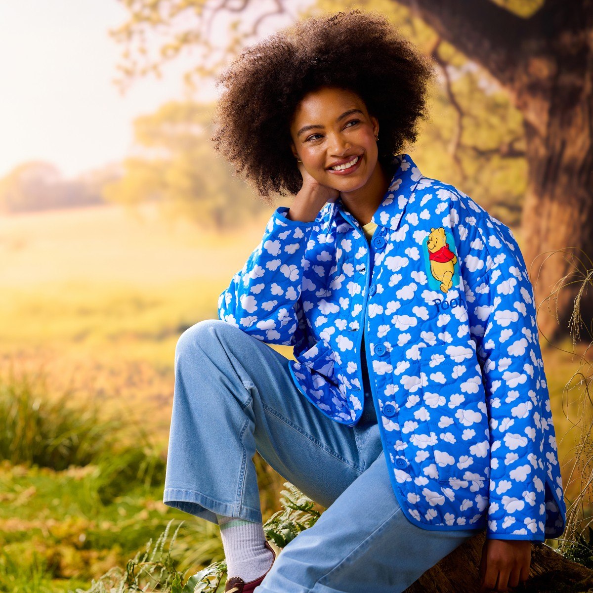 Model wearing the Pooh jacket