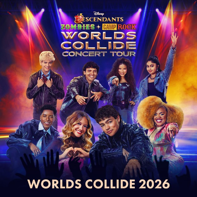 Official Worlds Collide 2026 single cover featuring the Disney concert tour cast