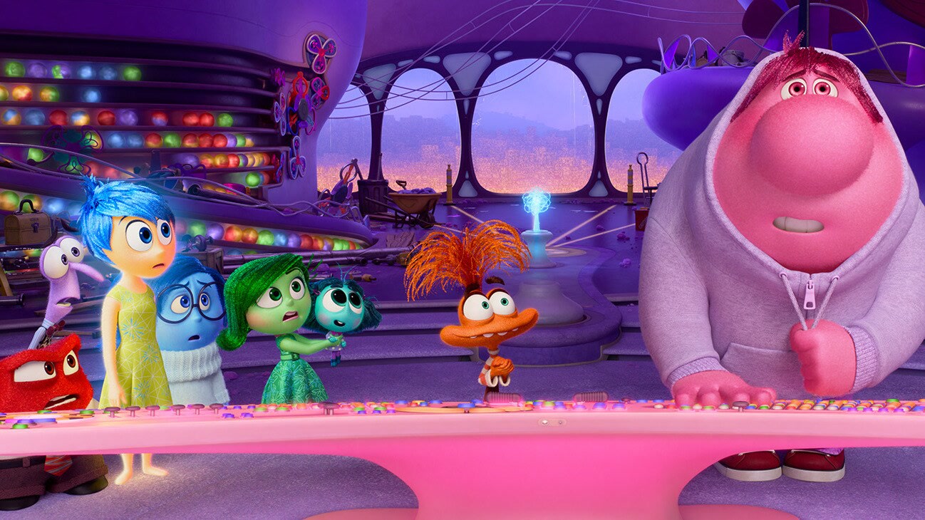 Inside Out 2 emotions gather at the Headquarters console, including Joy, Sadness, Anxiety and Embarrassment