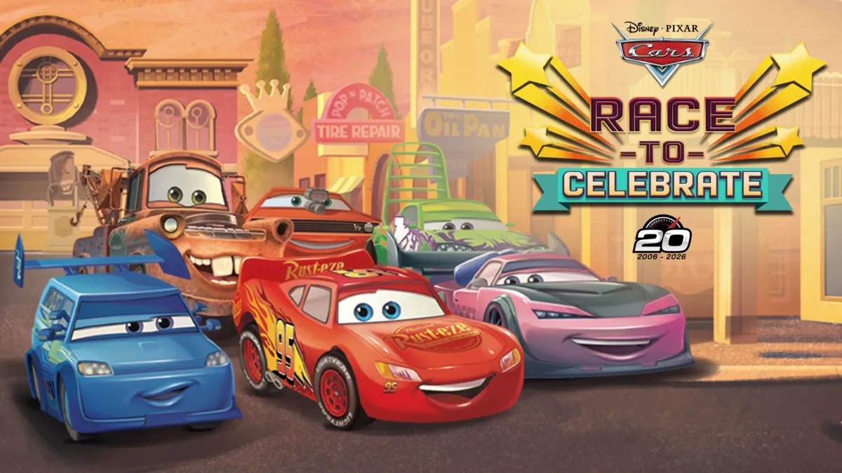 Cars characters in Radiator Springs with Race to Celebrate 20th-anniversary artwork