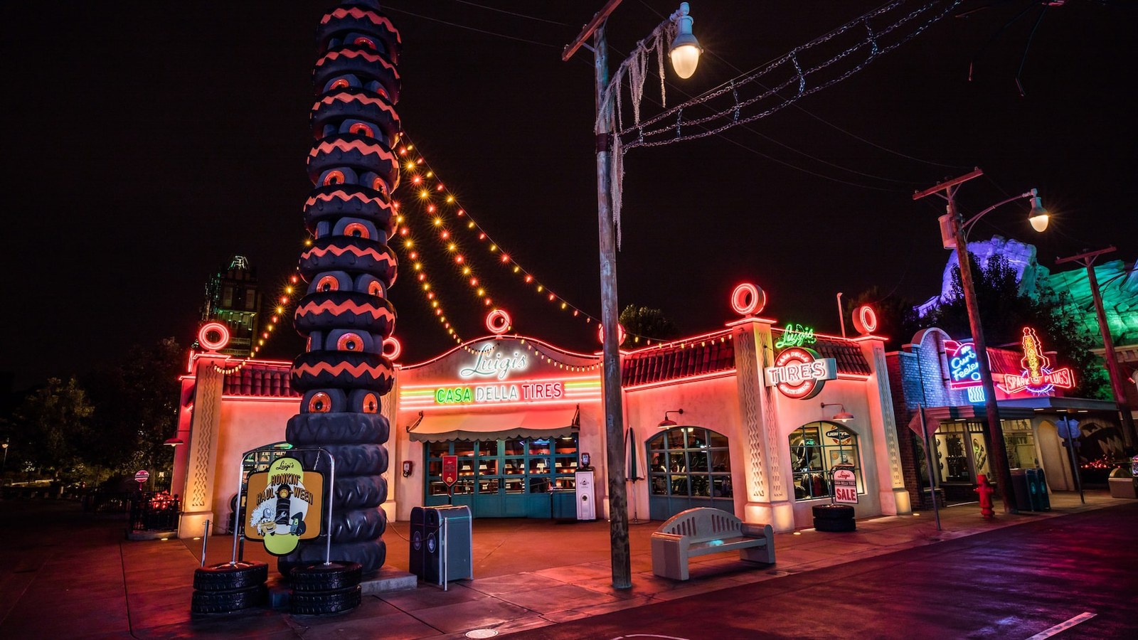 Luigi's Casa Della Tires in Cars Land during Halloween season at Disney California Adventure