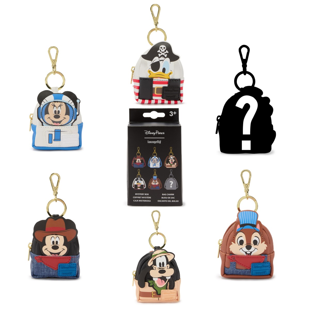 Five revealed Disney attraction-costume Loungefly charms and one mystery design