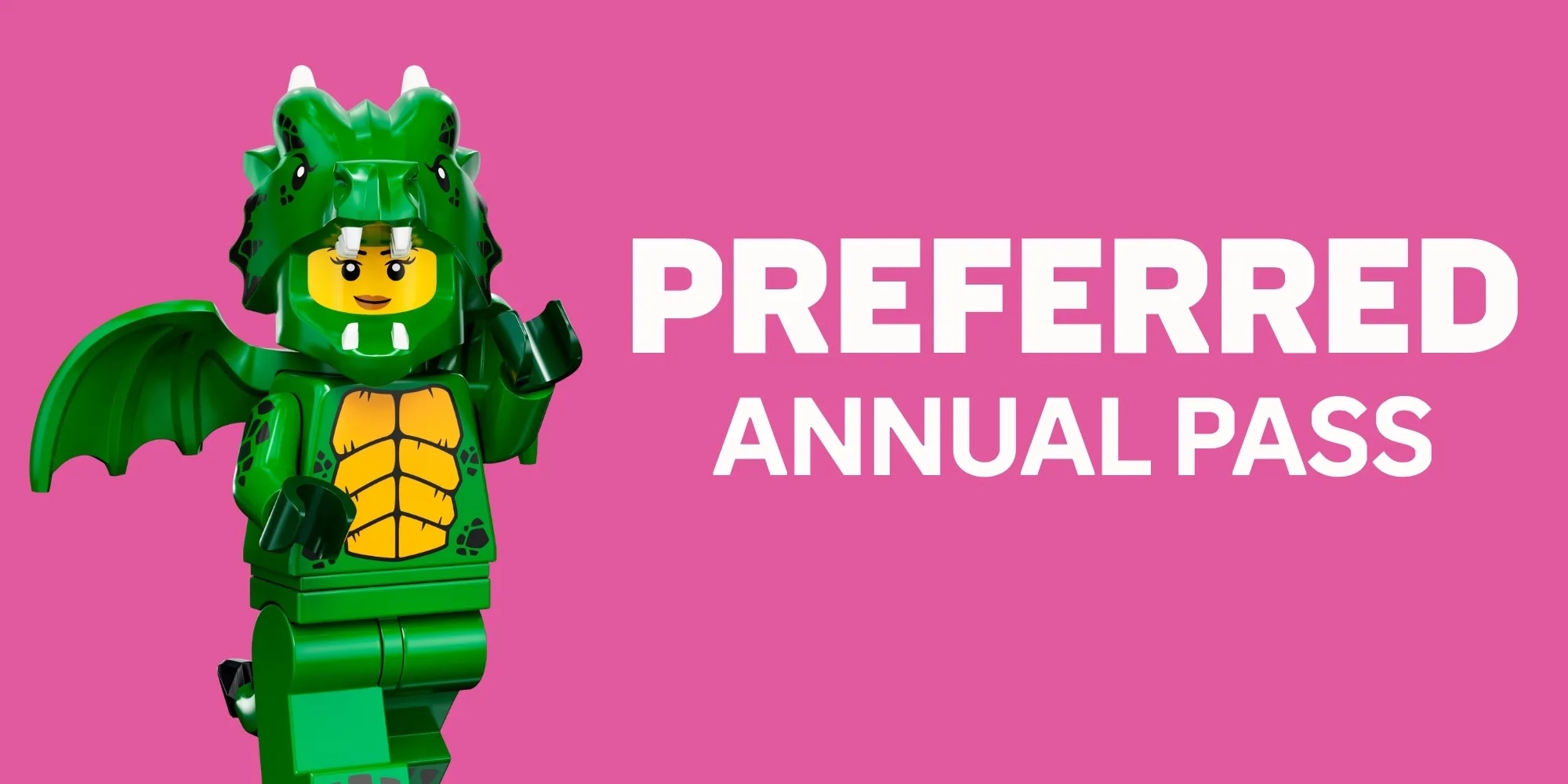 The Preferred LEGOLAND Florida Annual Pass graphic features a LEGO dragon character on a pink background.