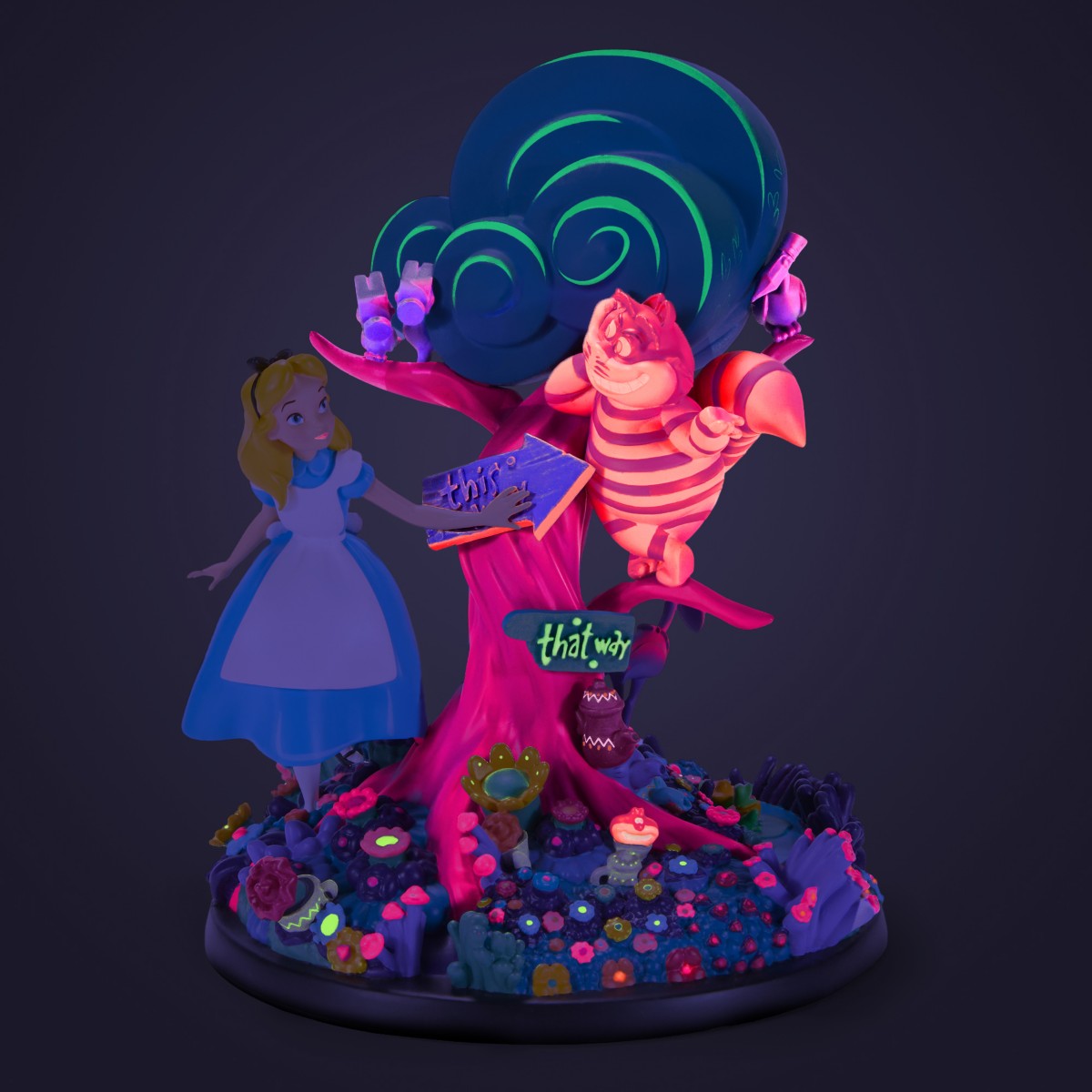 Alice and the Cheshire Cat glow under black light