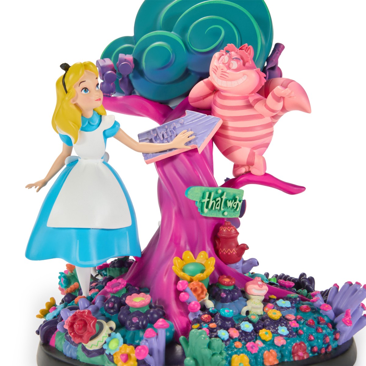 Alice and the Cheshire Cat beside direction signs in Tulgey Wood