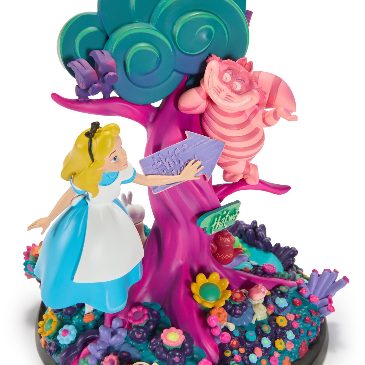 Alice, the Cheshire Cat and fluorescent flowers on the scenic base