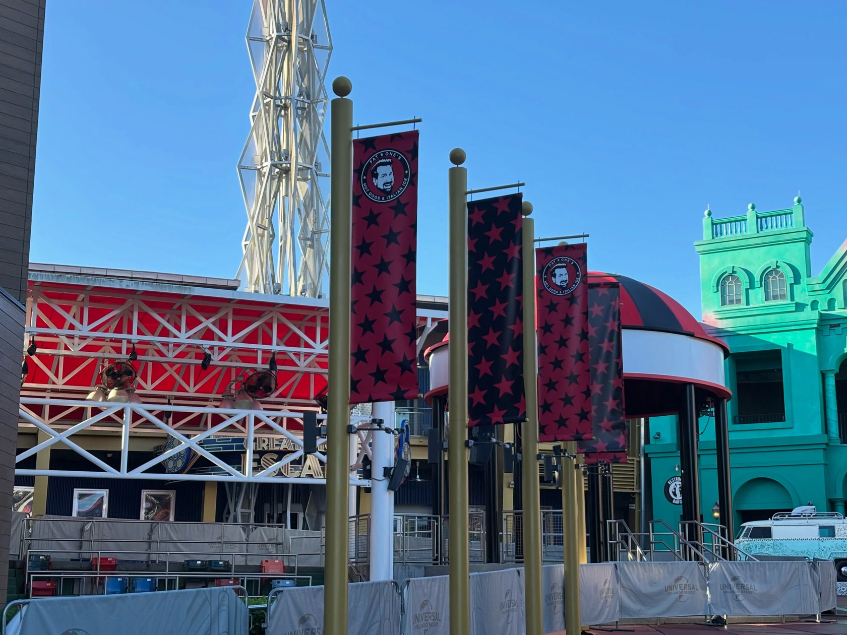Fat One’s banners and construction barriers at Universal CityWalk Orlando