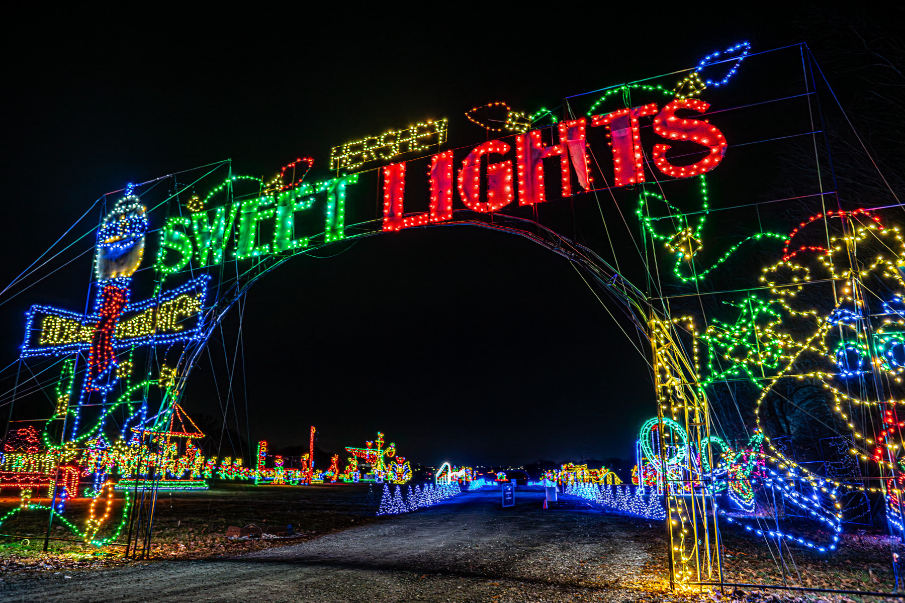 The illuminated entrance to Hershey Sweet Lights