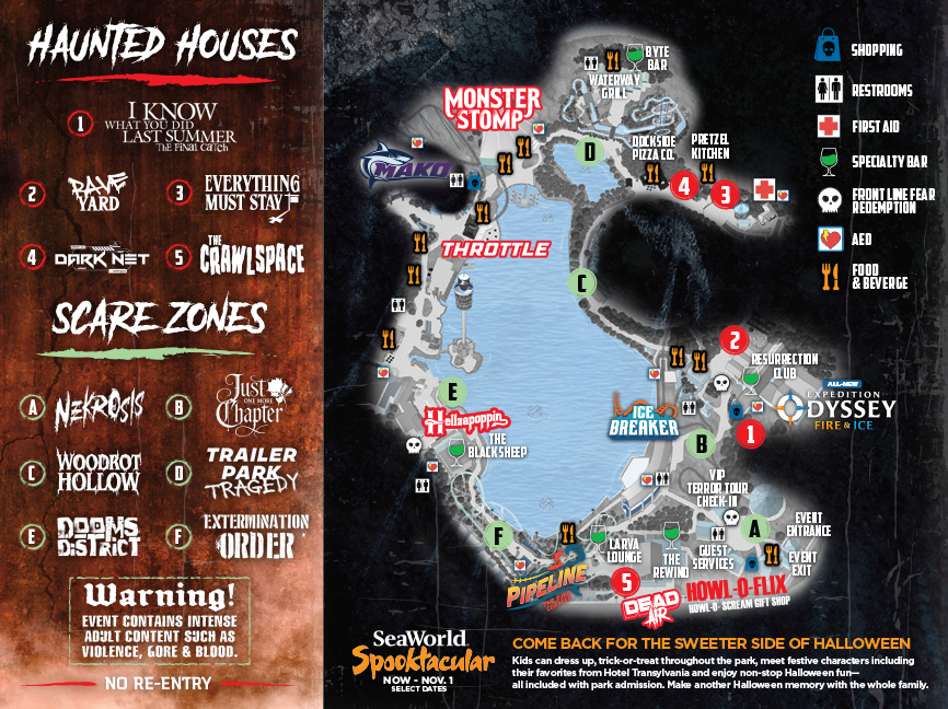 Official 2026 Howl-O-Scream map showing five haunted houses and six scare zones around SeaWorld Orlando
