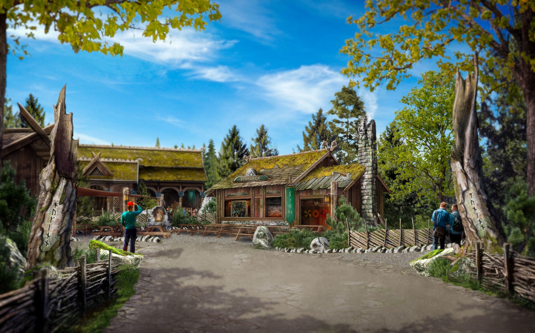 Concept art of Vikingeland’s Norse-themed dining area with sod roofs and outdoor tables